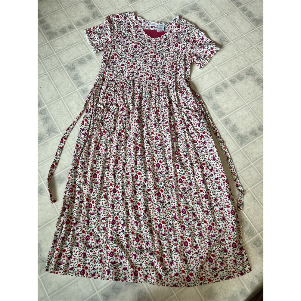 Vintage 90s White Stag High Waist Pink Floral Cotton Dress With Pockets Medium